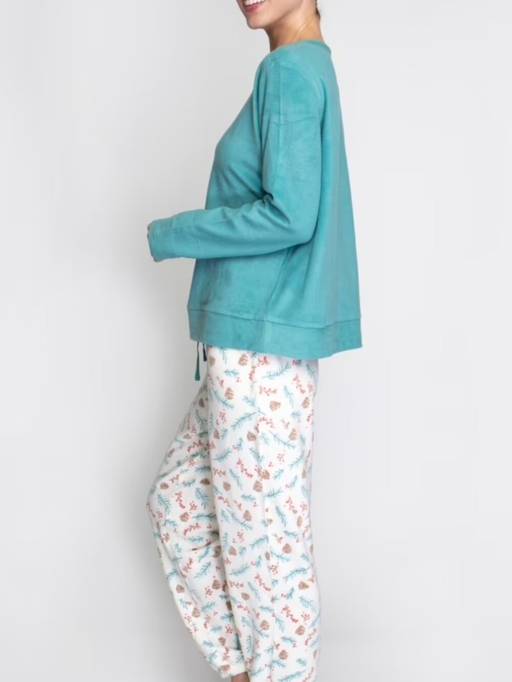 Hanes Comfort Sleep Floral Pajama Set in Teal Blue & Cream Holiday Print 1X